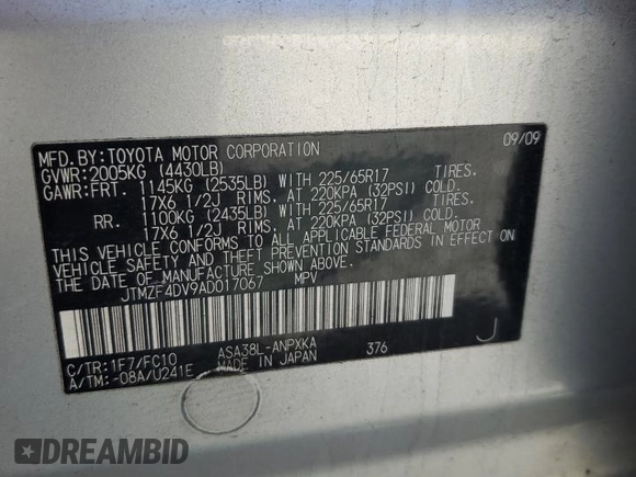 2010 Toyota RAV4 with VIN JTMZF4DV9AD017067, listed as a Copart auction lot 50246305 with 257,565 mi miles and Salvage title. Bid and sale history available at DreamBid. Image 15.