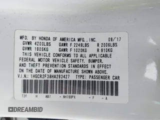 2017 Honda Accord Sedan LX with VIN 1HGCR2F38HA293427, listed as a IAAI auction lot 42109593 with 80,370 mi miles. Bid and sale history available at carsss.com. Image 9.