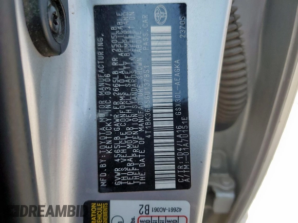 2006 Toyota Avalon XL z VIN 4T1BK36B56U137851, wystawiony jako Copart lot #59928655 z przebiegiem 170 112 mil mil oraz Szkoda całkowita • Salvage title. Historia ofert i sprzedaży dostępna na DreamBid. Obrazek 12.