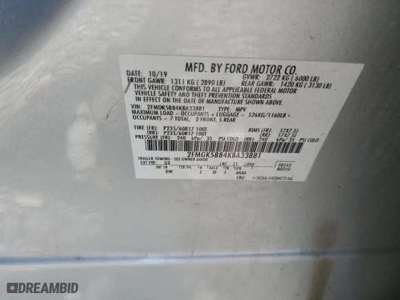 2019 Ford Flex SE with VIN 2FMGK5B84KBA33881, listed as a Copart auction lot 57320734 with 108,562 mi miles and Salvage Title. Bid and sale history available at carsss.com. Image 13.