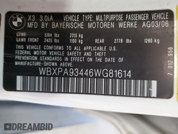 2006 BMW X3 3.0i with VIN WBXPA93446WG81614, listed as a Copart auction lot 51410125 with 139,118 mi miles and Clean Title. Bid and sale history available at carsss.com. Image 13.