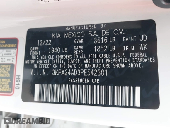 2023 Kia Rio S z VIN 3KPA24AD3PE542301, wystawiony jako IAAI lot #41364553 z przebiegiem 35 204 mil mil oraz . Historia ofert i sprzedaży dostępna na DreamBid. Obrazek 9.