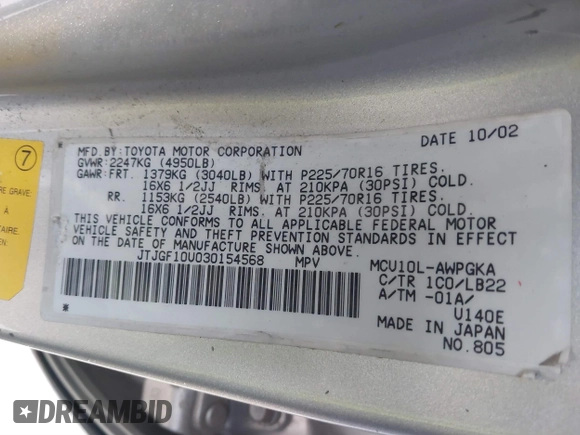 2003 Lexus RX 300 with VIN JTJGF10U030154568, listed as a IAAI auction lot 41473451 with 287,675 mi miles and . Bid and sale history available at DreamBid. Image 9.