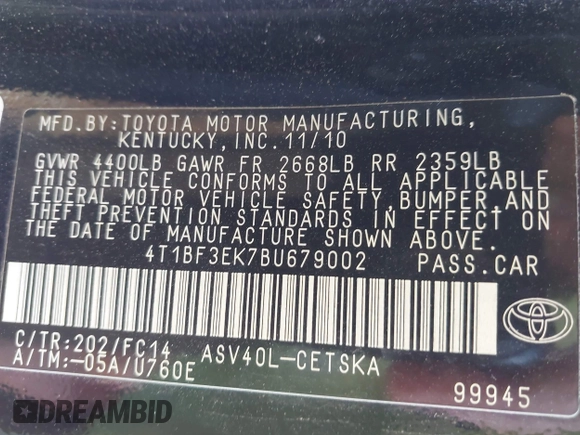 2011 Toyota Camry LE z VIN 4T1BF3EK7BU679002, wystawiony jako IAAI lot #42078508 z przebiegiem 179 019 mil mil oraz . Historia ofert i sprzedaży dostępna na DreamBid. Obrazek 9.