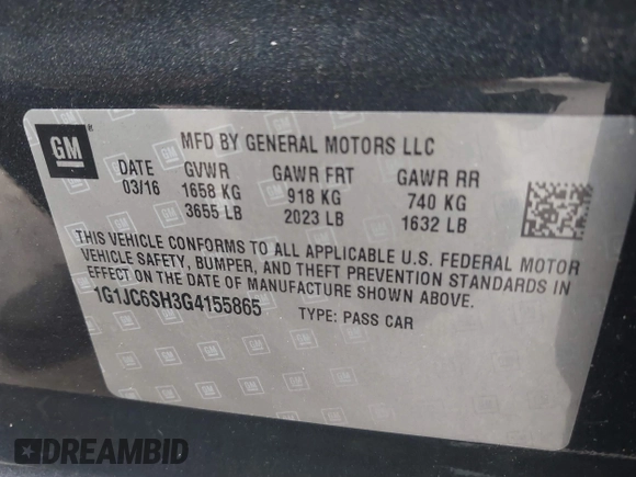 2016 Chevrolet Sonic LT z VIN 1G1JC6SH3G4155865, wystawiony jako IAAI lot #41808426 z przebiegiem 142 866 mil mil oraz . Historia ofert i sprzedaży dostępna na DreamBid. Obrazek 9.