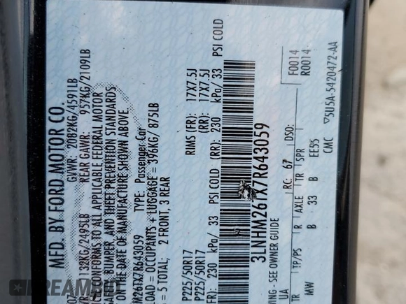 2007 Lincoln MKZ z VIN 3LNHM26TX7R643059, wystawiony jako Copart lot #51373835 z przebiegiem 180 904 mil mil oraz Szkoda całkowita • Salvage title. Historia ofert i sprzedaży dostępna na DreamBid. Obrazek 14.