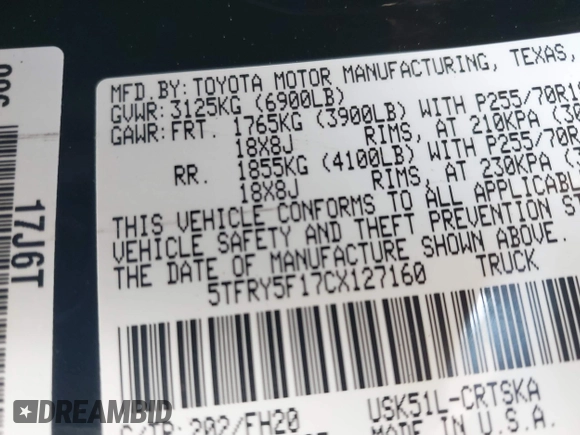 2012 Toyota Tundra z VIN 5TFRY5F17CX127160, wystawiony jako IAAI lot #42256016 z przebiegiem 203 648 mil mil oraz . Historia ofert i sprzedaży dostępna na DreamBid. Obrazek 9.