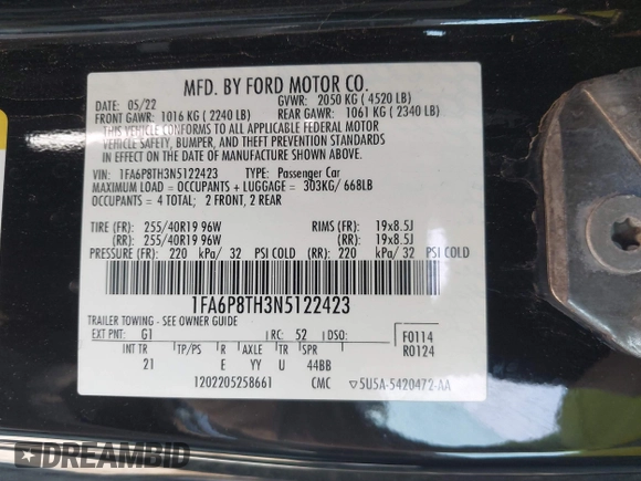 2022 Ford Mustang EcoBoost with VIN 1FA6P8TH3N5122423, listed as a IAAI auction lot 42237547 with 35,216 mi miles and . Bid and sale history available at DreamBid. Image 9.