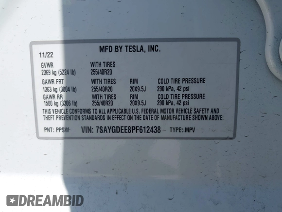 2023 Tesla Model Y Long Range with VIN 7SAYGDEE8PF612438, listed as a IAAI auction lot 41991145 with 29,775 mi miles and . Bid and sale history available at carsss.com. Image 9.