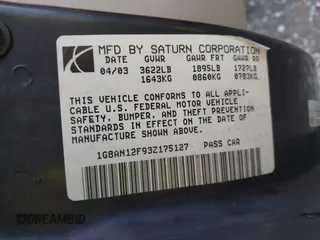 2003 Saturn ION with VIN 1G8AN12F93Z175127, listed as a IAAI auction lot 41516330 with 99,082 mi miles. Bid and sale history available at carsss.com. Image 9.