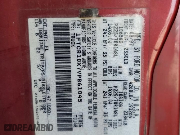 1997 Ford Ranger XLT with VIN 1FTCR10X7VPB61045, listed as a Copart auction lot 58801945 with 333,927 mi miles and Salvage title. Bid and sale history available at DreamBid. Image 12.