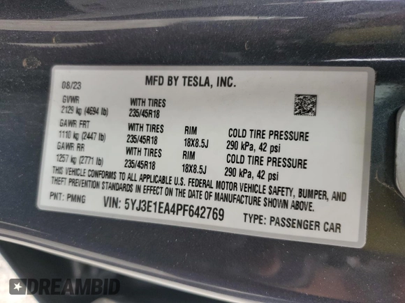 2023 Tesla Model 3 with VIN 5YJ3E1EA4PF642769, listed as a Copart auction lot 50648825 with 25,310 mi miles and Salvage title. Bid and sale history available at DreamBid. Image 14.