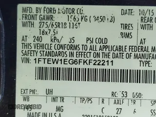 2015 Ford F-150 XLT with VIN 1FTEW1EG6FKF22211, listed as a IAAI auction lot 41753438 with 130,019 mi miles. Bid and sale history available at carsss.com. Image 9.