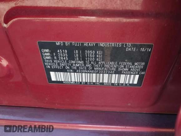 2015 Subaru Legacy Limited with VIN 4S3BNAN60F3032340, listed as a IAAI auction lot 42747122 with 179,755 mi miles and . Bid and sale history available at DreamBid. Image 9.