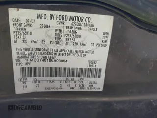 2008 Ford Explorer Eddie Bauer with VIN 1FMEU74818UA03864, listed as a IAAI auction lot 41370466 with 216,863 mi miles. Bid and sale history available at carsss.com. Image 9.