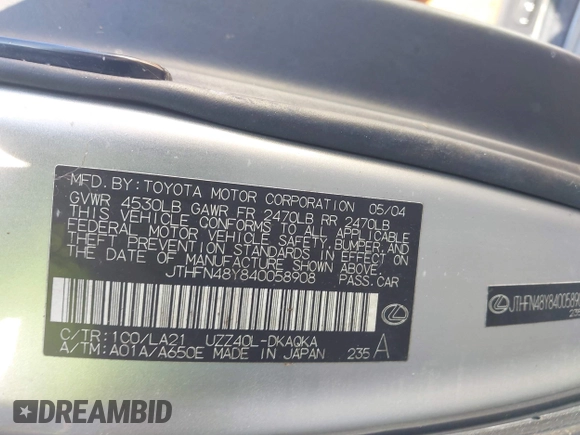 2004 Lexus SC 430 with VIN JTHFN48Y840058908, listed as a IAAI auction lot 41525684 with Not provided miles and . Bid and sale history available at DreamBid. Image 9.