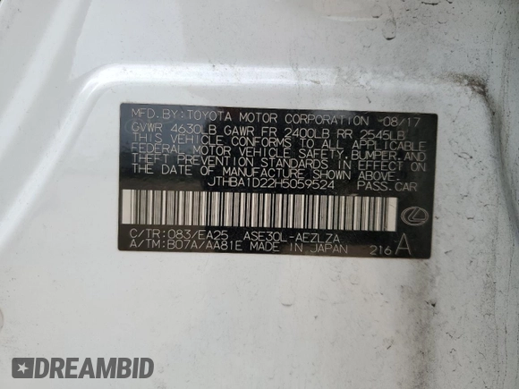 2017 Lexus IS 200t with VIN JTHBA1D22H5059524, listed as a Copart auction lot 55032505 with 100,807 mi miles and Salvage title. Bid and sale history available at DreamBid. Image 12.