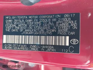2017 Toyota Prius Two with VIN JTDKARFU6H3052795, listed as a IAAI auction lot 41680634 with 202,493 mi miles. Bid and sale history available at carsss.com. Image 9.