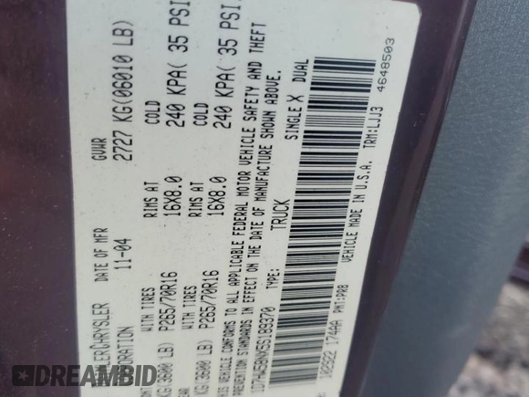 2005 Dodge Dakota Laramie with VIN 1D7HW58NX5S189370, listed as a Copart auction lot 43131135 with 198,988 mi miles and Salvage Title. Bid and sale history available at DreamBid. Image 14.
