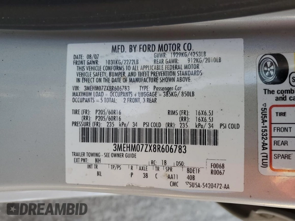 2008 Mercury Milan with VIN 3MEHM07ZX8R606783, listed as a Copart auction lot 44378295 with 88,097 mi miles and Salvage Title. Bid and sale history available at carsss.com. Image 15.