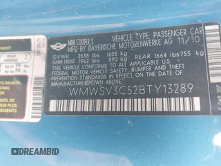 2011 MINI Hardtop S with VIN WMWSV3C52BTY13289, listed as a IAAI auction lot 42648086 with Not provided miles and . Bid and sale history available at DreamBid. Image 9.