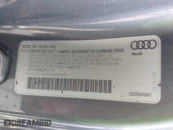 2013 Audi A5 Premium Plus z VIN WAULFAFH5DN009944, wystawiony jako IAAI lot #42508314 z przebiegiem 233 593 mil mil oraz . Historia ofert i sprzedaży dostępna na DreamBid. Obrazek 9.