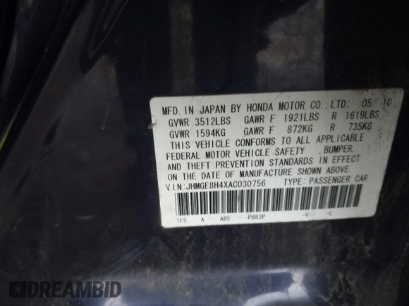 2010 Honda Fit Sport with VIN JHMGE8H4XAC030756, listed as a IAAI auction lot 42518860 with 294,662 mi miles and . Bid and sale history available at DreamBid. Image 9.