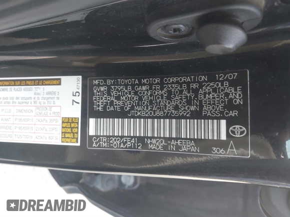 2008 Toyota Prius with VIN JTDKB20U887735992, listed as a IAAI auction lot 41895532 with 166,359 mi miles. Bid and sale history available at carsss.com. Image 9.