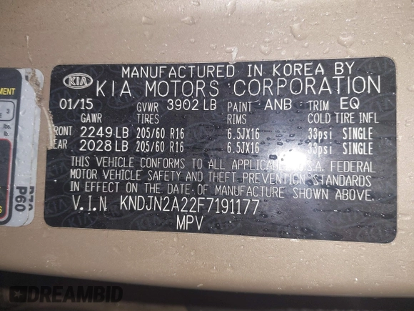 2015 Kia Soul with VIN KNDJN2A22F7191177, listed as a IAAI auction lot 41461278 with 102,023 mi miles. Bid and sale history available at carsss.com. Image 9.
