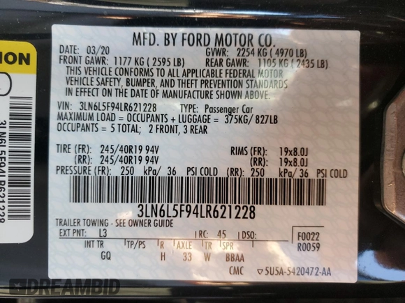 2020 Lincoln MKZ Reserve with VIN 3LN6L5F94LR621228, listed as a Copart auction lot 88872535 with 23,941 mi miles and Salvage Title. Bid and sale history available at DreamBid. Image 13.