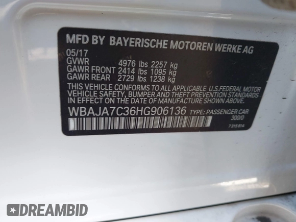 2017 BMW 5 Series 530i xDrive with VIN WBAJA7C36HG906136, listed as a IAAI auction lot 41644019 with 47,144 mi miles and . Bid and sale history available at carsss.com. Image 9.