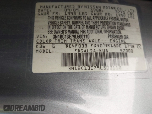 2009 Nissan Versa S z VIN 3N1BC13E79L500110, wystawiony jako IAAI lot #42128174 z przebiegiem 129 742 mil mil oraz . Historia ofert i sprzedaży dostępna na DreamBid. Obrazek 9.