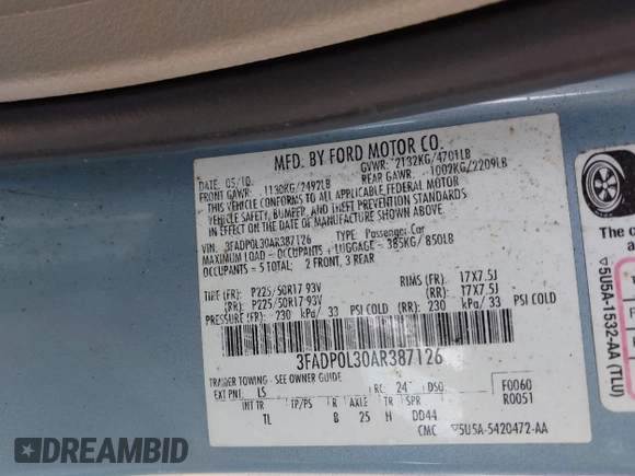 2010 Ford Fusion Hybrid with VIN 3FADP0L30AR387126, listed as a IAAI auction lot 42262640 with 203,973 mi miles and . Bid and sale history available at DreamBid. Image 9.