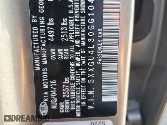 2016 Kia Optima EX with VIN 5XXGU4L30GG104013, listed as a Copart auction lot 54220105 with 120,073 mi miles and Salvage Title. Bid and sale history available at carsss.com. Image 12.