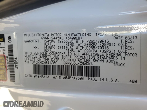 2013 Toyota Tacoma PreRunner with VIN 5TFTU4GNXDX041209, listed as a Copart auction lot 86824494 with 91,555 mi miles and Salvage Title. Bid and sale history available at carsss.com. Image 12.