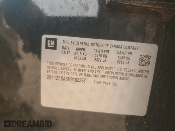 2017 Chevrolet Impala LS with VIN 2G11Z5SA6H9182228, listed as a Copart auction lot 42289005 with 122,356 mi miles and Salvage Title. Bid and sale history available at DreamBid. Image 12.