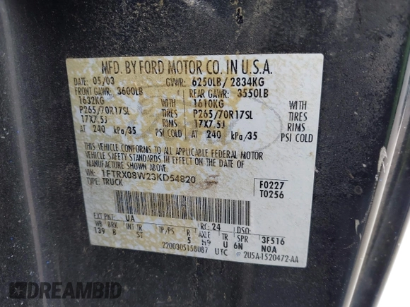 2003 Ford F-150 с VIN 1FTRX08W23KD54820, выставлен на аукционе IAAI как лот 41864704 с пробегом Не указан миль и . История ставок и продаж доступна на DreamBid. Изображение 9.