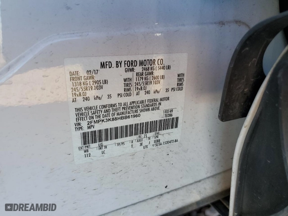 2017 Ford Edge Titanium with VIN 2FMPK3K88HBB61960, listed as a Copart auction lot 50368835 with 95,251 mi miles and Salvage Title. Bid and sale history available at carsss.com. Image 13.