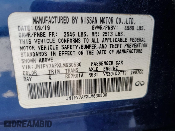 2020 Infiniti Q50 Red Sport 400 with VIN JN1FV7APXLM630530, listed as a Copart auction lot 43717855 with 99,410 mi miles and Non repairable. Bid and sale history available at DreamBid. Image 13.