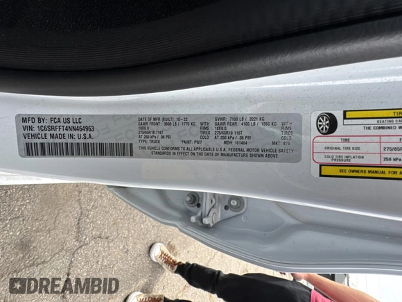2022 Ram 1500 Big Horn with VIN 1C6SRFFT4NN464963, listed as a Copart auction lot 51288425 with 30,517 mi miles and Non repairable. Bid and sale history available at DreamBid. Image 10.