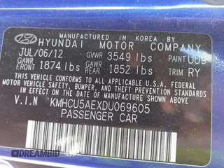 2013 Hyundai Accent SE with VIN KMHCU5AEXDU069605, listed as a IAAI auction lot 41320851 with 110,295 mi miles. Bid and sale history available at carsss.com. Image 9.