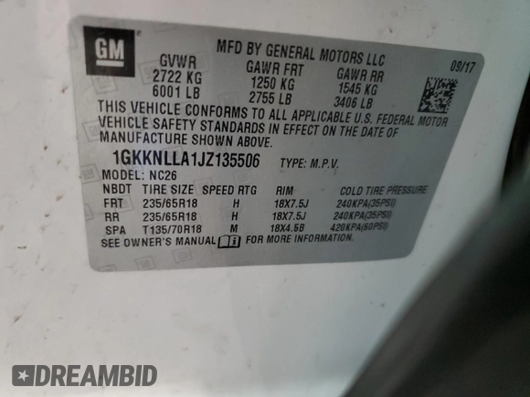 2018 GMC Acadia SLE z VIN 1GKKNLLA1JZ135506, wystawiony jako Copart lot #58959095 z przebiegiem 169 876 mil mil oraz Szkoda całkowita • Salvage title. Historia ofert i sprzedaży dostępna na DreamBid. Obrazek 13.
