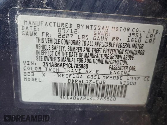 2012 Nissan Sentra S with VIN 3N1AB6AP1CL785880, listed as a Copart auction lot 47816165 with 151,492 mi miles and Salvage Title. Bid and sale history available at DreamBid. Image 15.