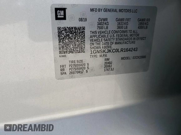 2020 Chevrolet Suburban Premier z VIN 1GNSKJKC0LR164243, wystawiony jako Copart lot #70530624 z przebiegiem Nie podano mil oraz Szkoda całkowita • Salvage title. Historia ofert i sprzedaży dostępna na DreamBid. Obrazek 12.