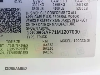 2021 Chevrolet Express Cargo z VIN 1GCWGAF71M1207030, wystawiony jako IAAI lot #42824104 z przebiegiem 40 809 mil mil oraz . Historia ofert i sprzedaży dostępna na DreamBid. Obrazek 9.