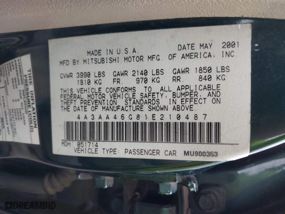 2001 Mitsubishi Galant ES with VIN 4A3AA46G81E210487, listed as a IAAI auction lot 42120831 with 1 mi miles. Bid and sale history available at carsss.com. Image 9.