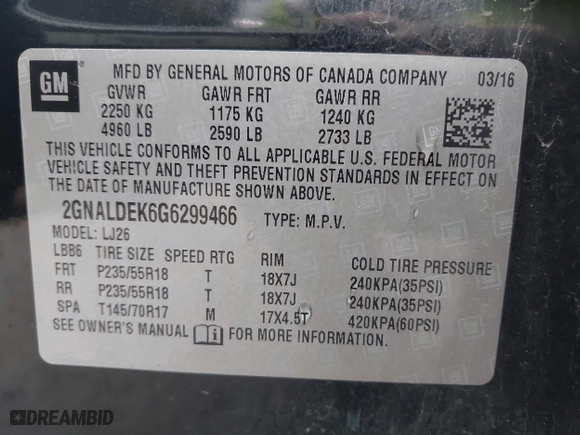 2016 Chevrolet Equinox LTZ with VIN 2GNALDEK6G6299466, listed as a IAAI auction lot 41815496 with 156,030 mi miles. Bid and sale history available at carsss.com. Image 9.