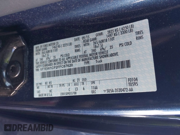 2015 Ford F-150 XL with VIN 1FTEW1CP2FFC67620, listed as a IAAI auction lot 41269500 with 74,009 mi miles. Bid and sale history available at carsss.com. Image 9.