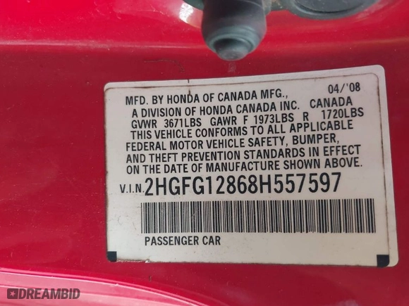 2008 Honda Civic Cpe EX with VIN 2HGFG12868H557597, listed as a IAAI auction lot 42028122 with 145,179 mi miles. Bid and sale history available at carsss.com. Image 9.
