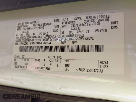 2016 Ford Transit XL with VIN 1FMZK1YM4GKA56094, listed as a IAAI auction lot 40458219 with Not provided miles and . Bid and sale history available at DreamBid. Image 9.